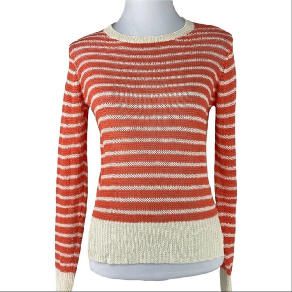 Acrobat Womens Orange White Striped 100% Linen Open Knit Sweater Size S High-Low